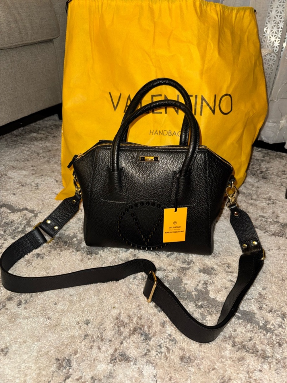 Valentino Black Pebbled Leather Top-Handle Satchel with Detachable Strap